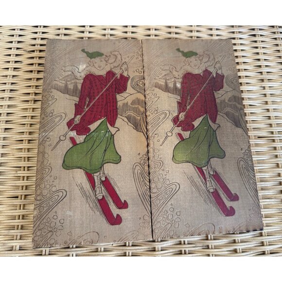 Antique 1910s Flemish Art Pyrography Hanky/Glove Box Girl Snow Skiing - Picture 14 of 14